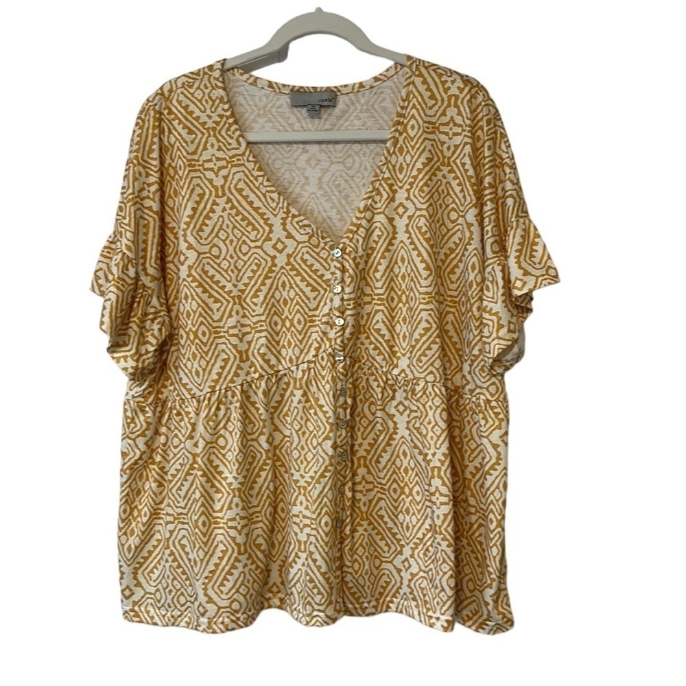 Luukse Button-Front V-Neck Peplum Top Yellow & White Abstract- Size 3X